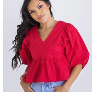 Karlie V-Neck Poplin Puff Sleeve Top, Size Medium